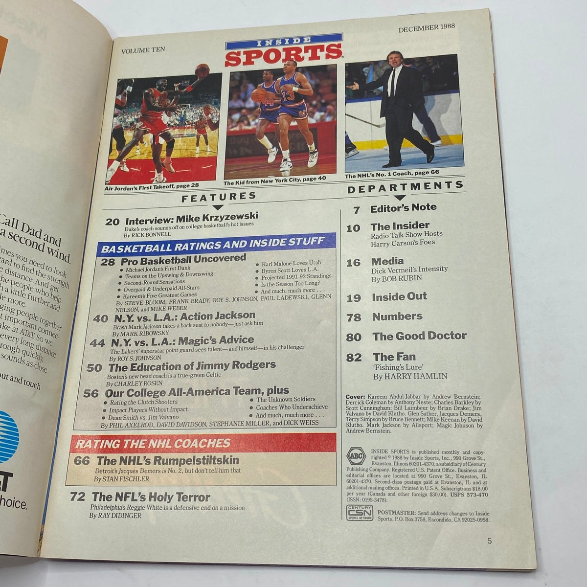 Inside Sports Magazine December 1988 inside page with features on basketball ratings, including notable content on Mike Krzyzewski and various players.