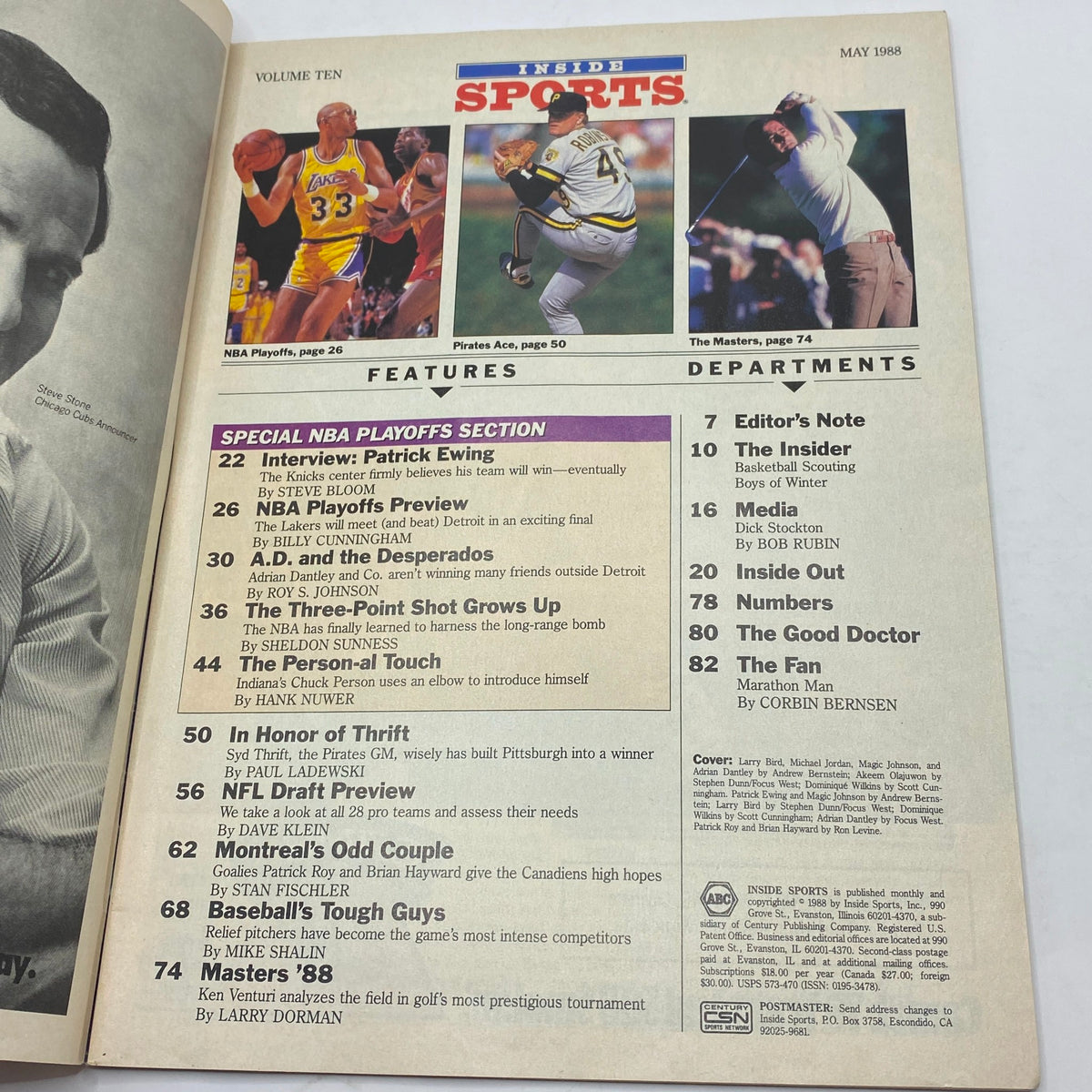 Inside Sports Magazine May 1988 interior page showcasing articles on basketball and features including Patrick Ewing and NBA playoffs.