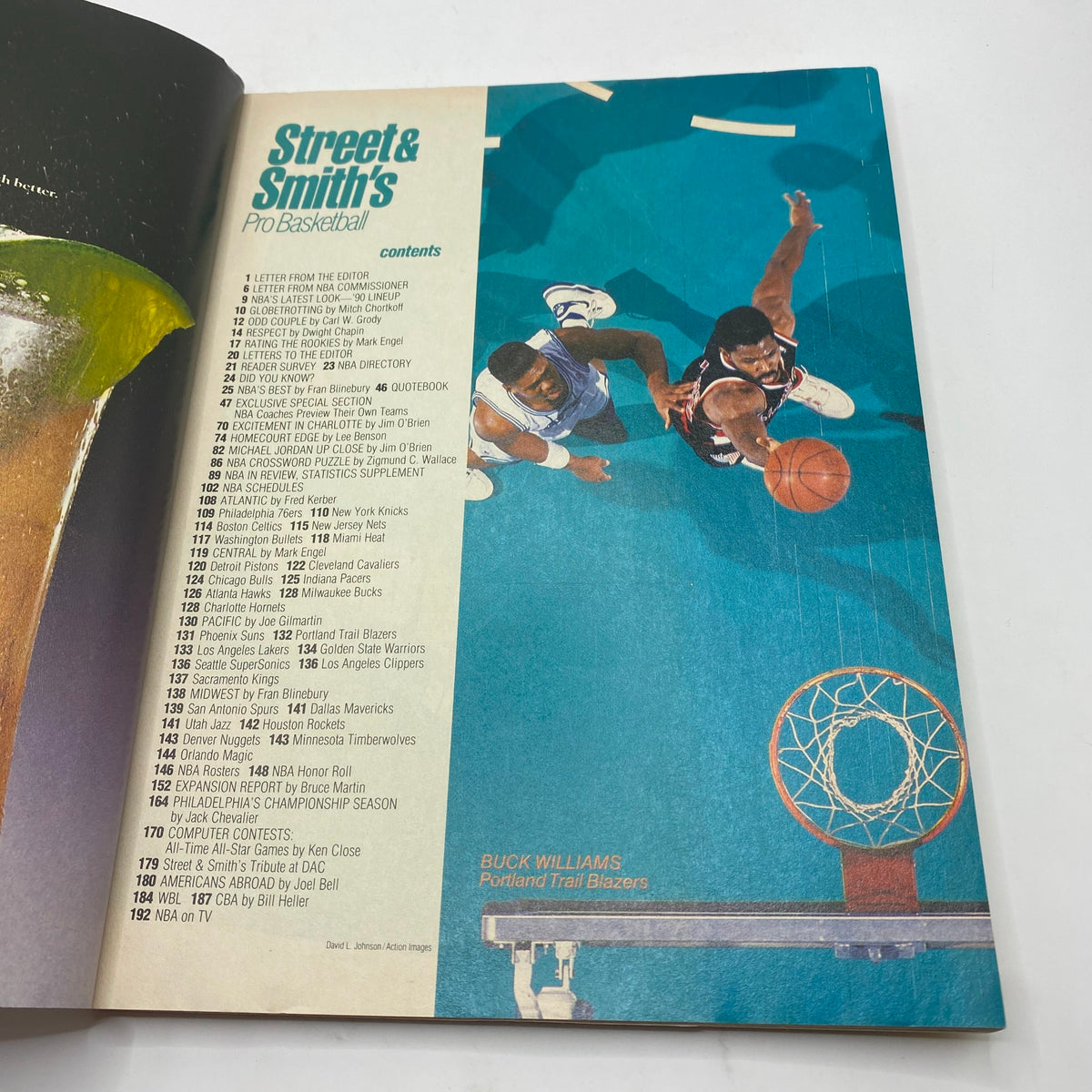 Inside view of Street & Smith's Pro Basketball 1990-1991 magazine featuring contents overview, basketball players in action, and notable articles from the NBA season.