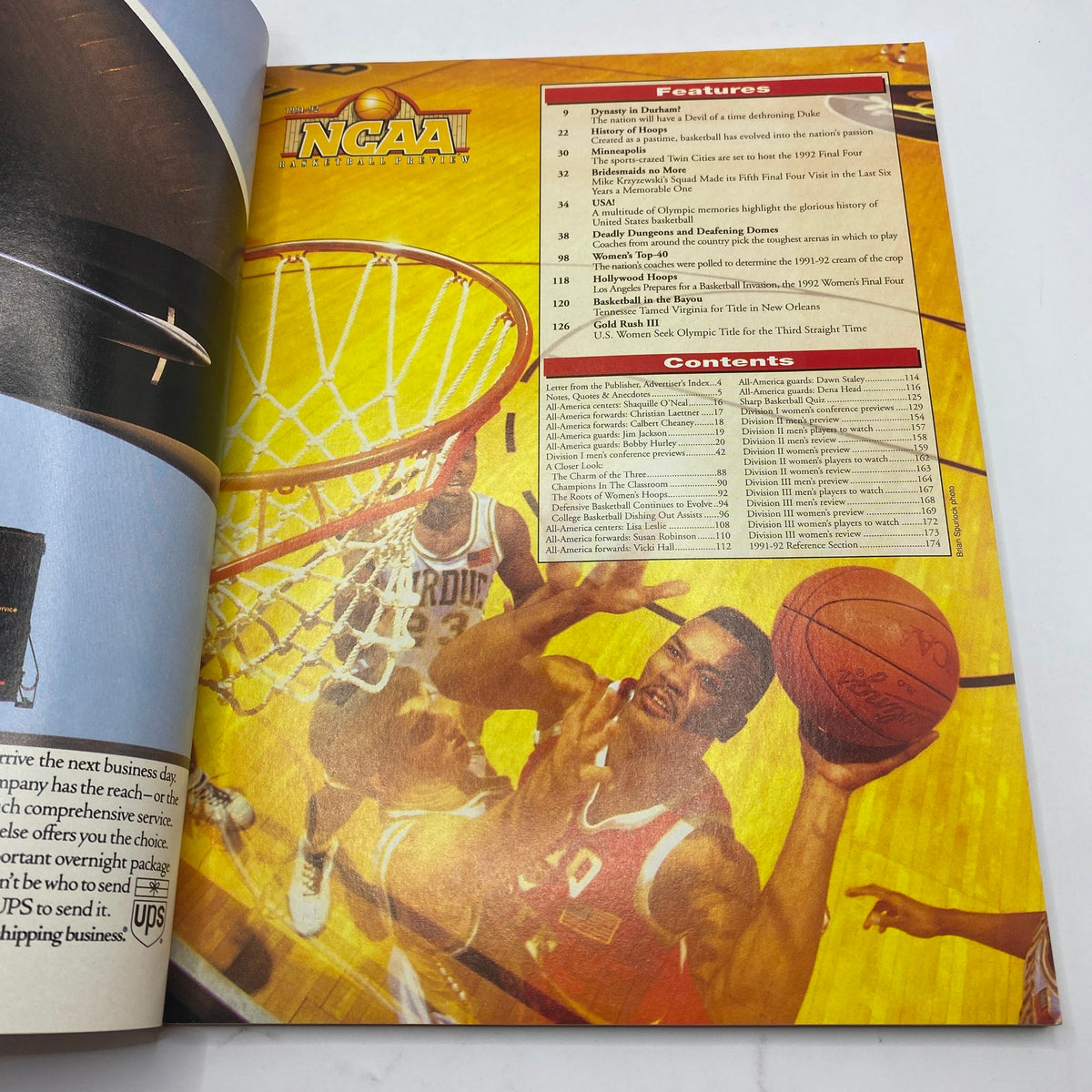 Page from the NCAA Basketball Preview Magazine 1991-1992 featuring Shaquille O'Neal with an overview of the magazine's features and contents, ideal for sports collectors.