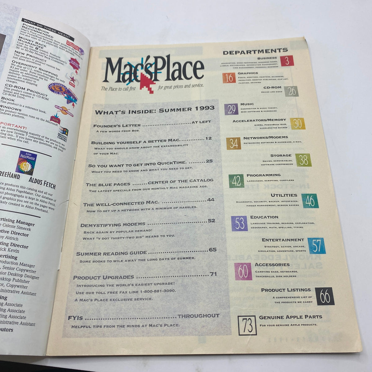 Inside page of Mac's Place Magazine Summer 1993 showcasing the table of contents and different sections related to Mac computing.
