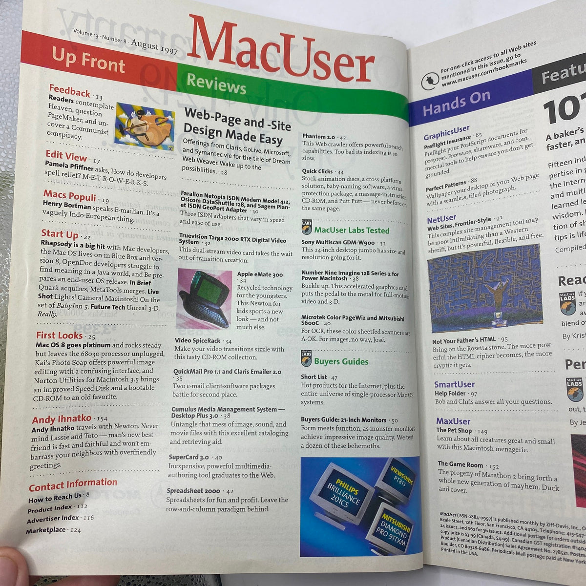 Inside page of Mac User Magazine August 1997 Vol 13 No. 8 displaying reviews and features, illustrating key sections and topics covered in this vintage technology publication.