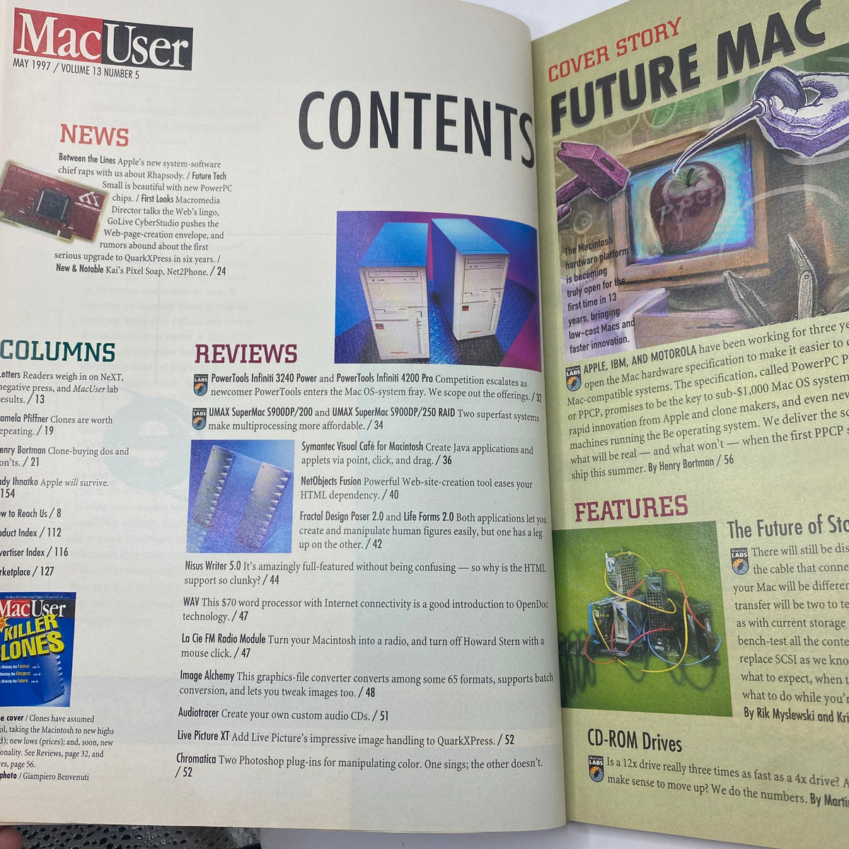 Contents page of Mac User Magazine May 1997, with articles and features about Intel transition and various Mac reviews, emphasizing the magazine's role in tech journalism.