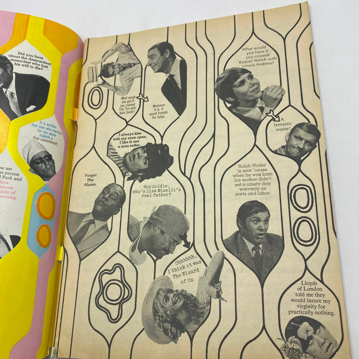 Interior page of the VTG Laugh-In Magazine from May 1969 showcasing humorous commentary and illustrations featuring various pop culture figures, reflecting the magazine's playful satire.