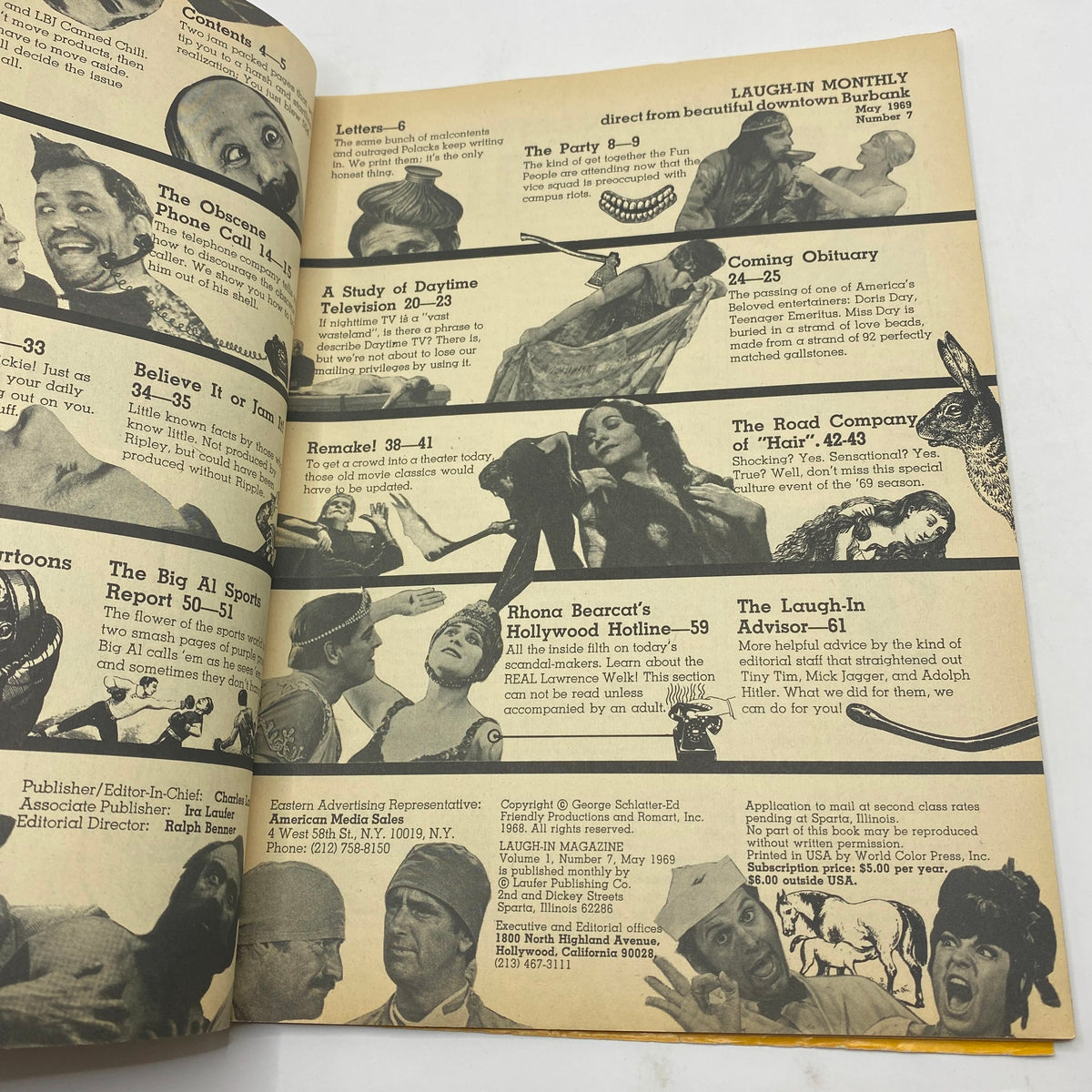 Another table of contents page from the VTG Laugh-In Magazine May 1969 including sections like 'Letters' and 'Rhona Bearcat’s Hollywood Hotline', illustrating the magazine's comedic approach.