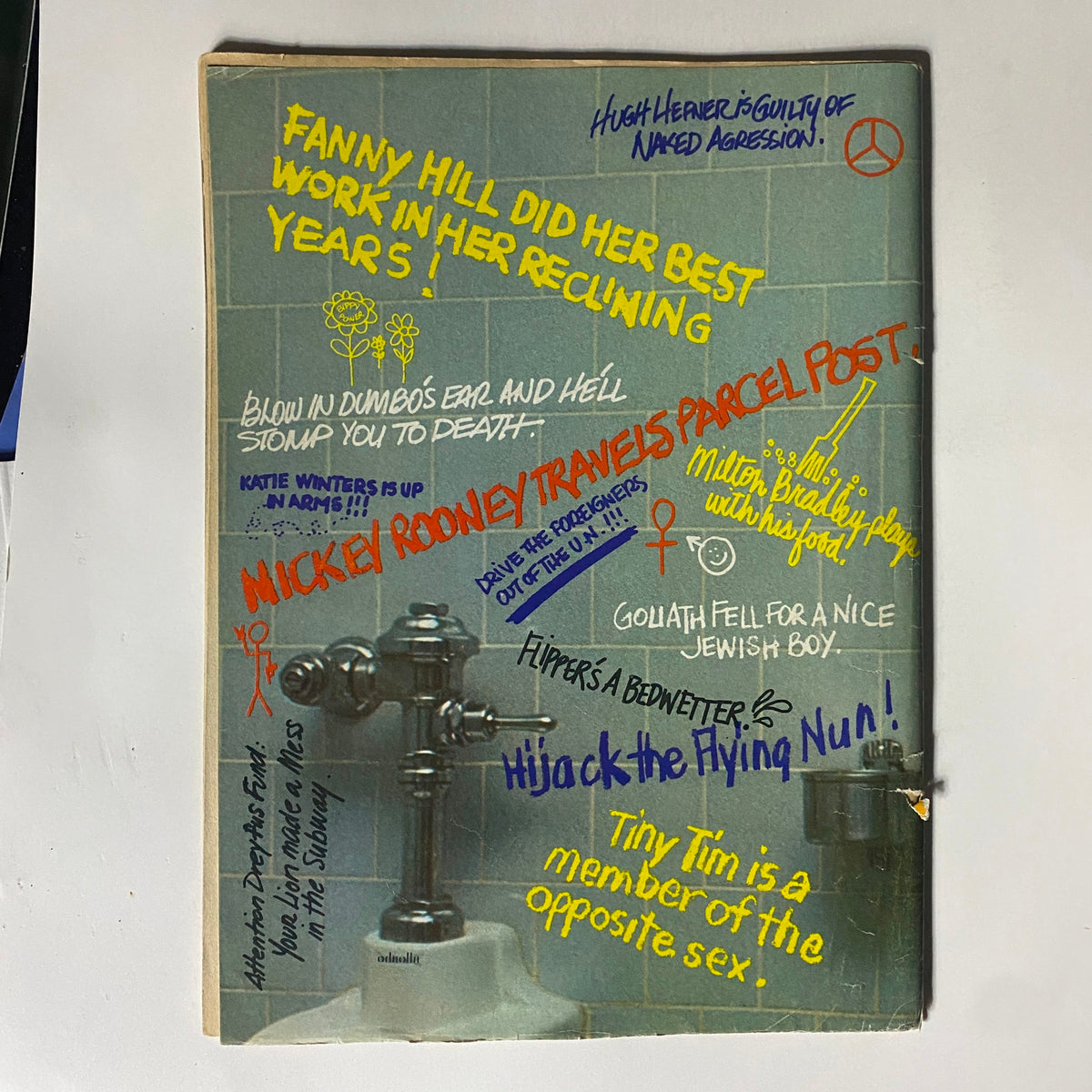 Back cover of the VTG Laugh-In Magazine May 1969, featuring colorful handwritten notes and humorous drawings, emphasizing the magazine's irreverent style and satire.