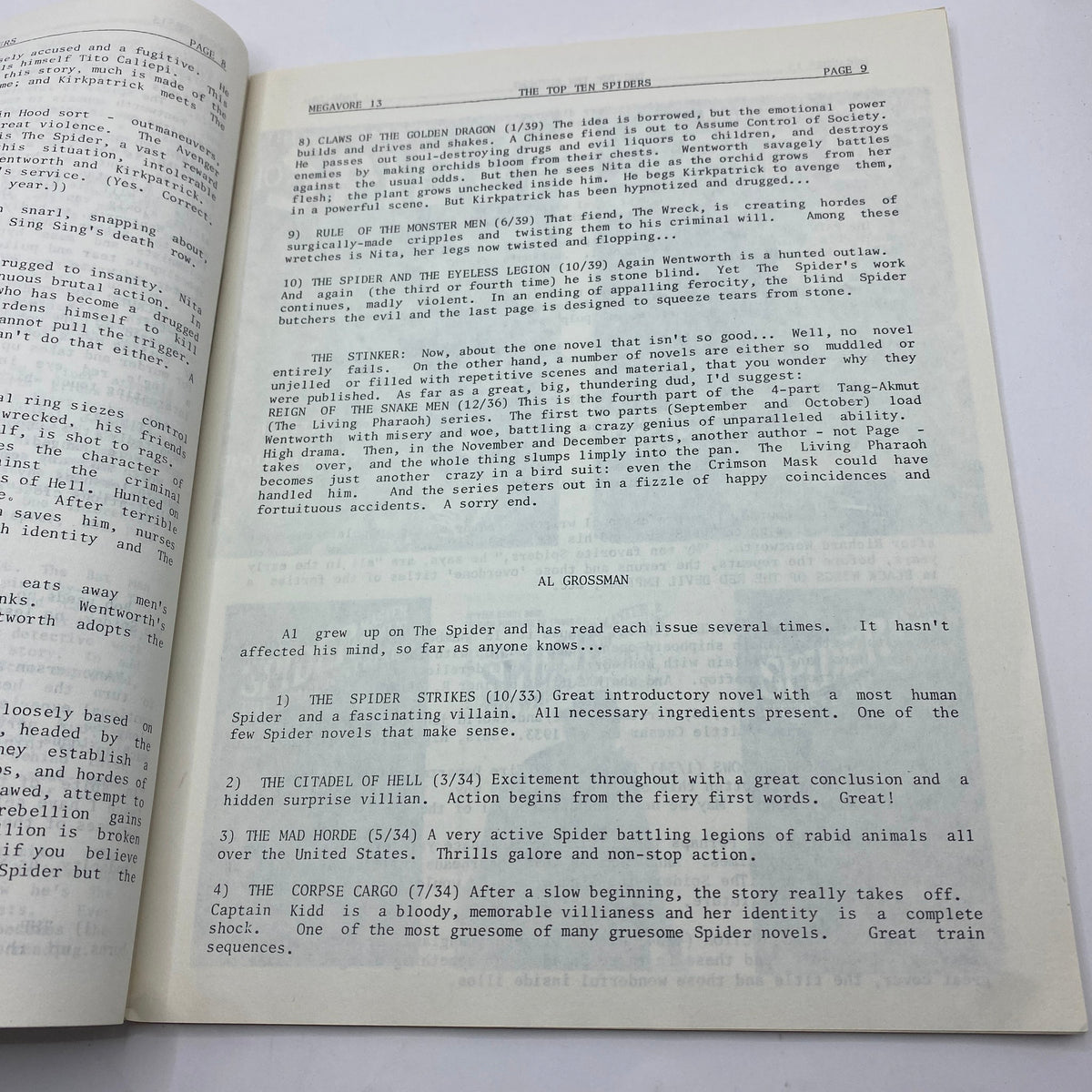 Interior page from Megavore The Journal of Popular Fiction 1981 #13 showcasing reviews and features on popular pulp fiction stories.