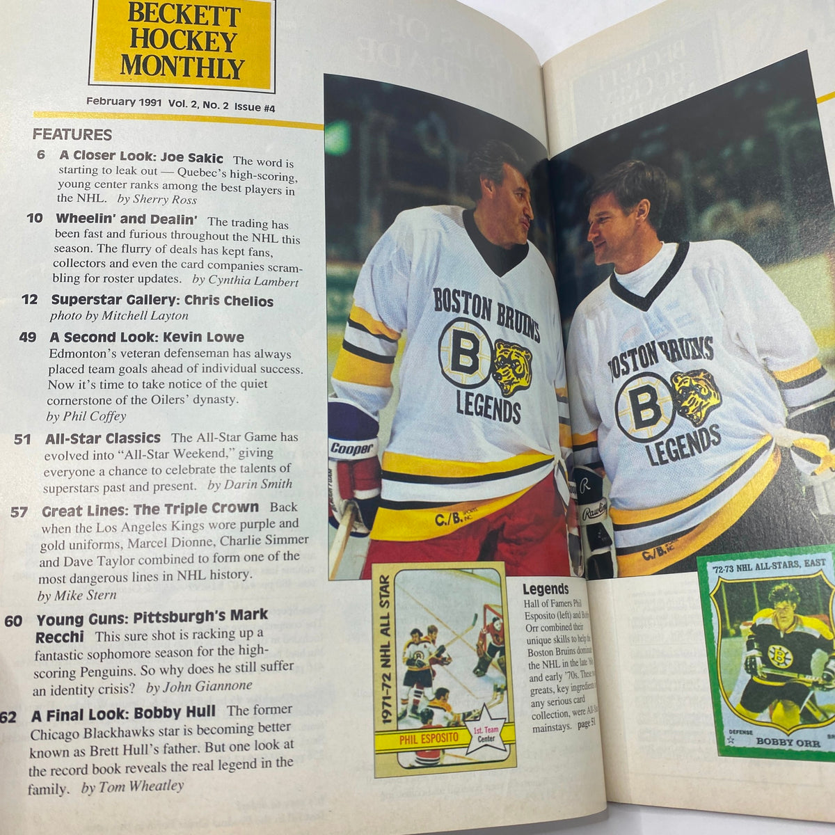 Inside pages of Beckett Hockey Monthly February 1991 showcasing various articles and features, including Boston Bruins legends and Pittsburgh's Mark Recchi.