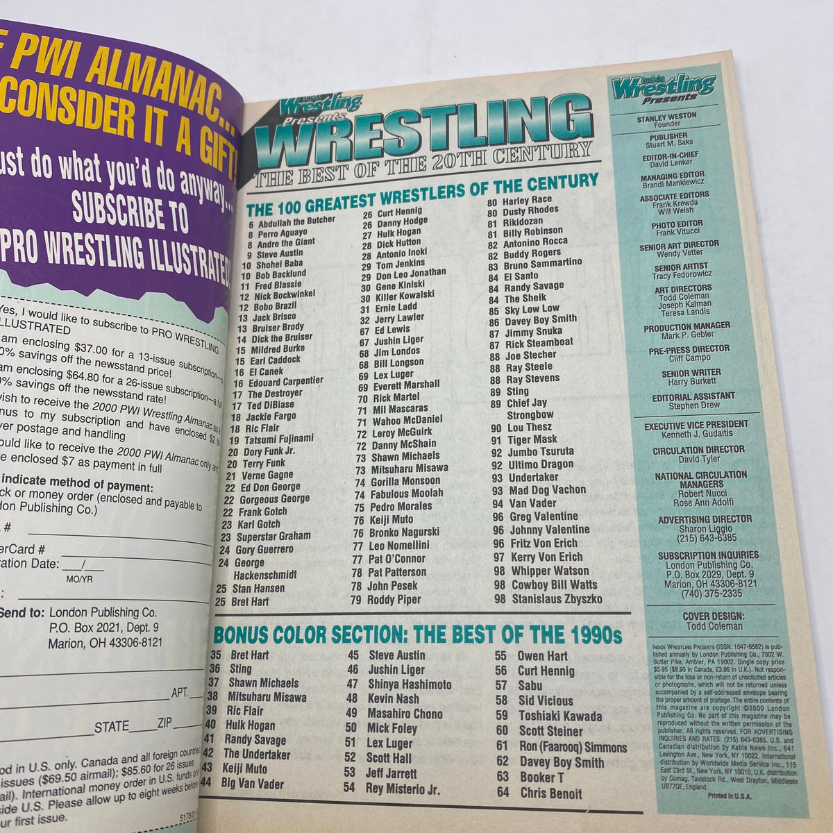 Interior page from Inside Wrestling Magazine Summer 2000 listing 'The 100 Greatest Wrestlers of the Century' with detailed rankings and notes.