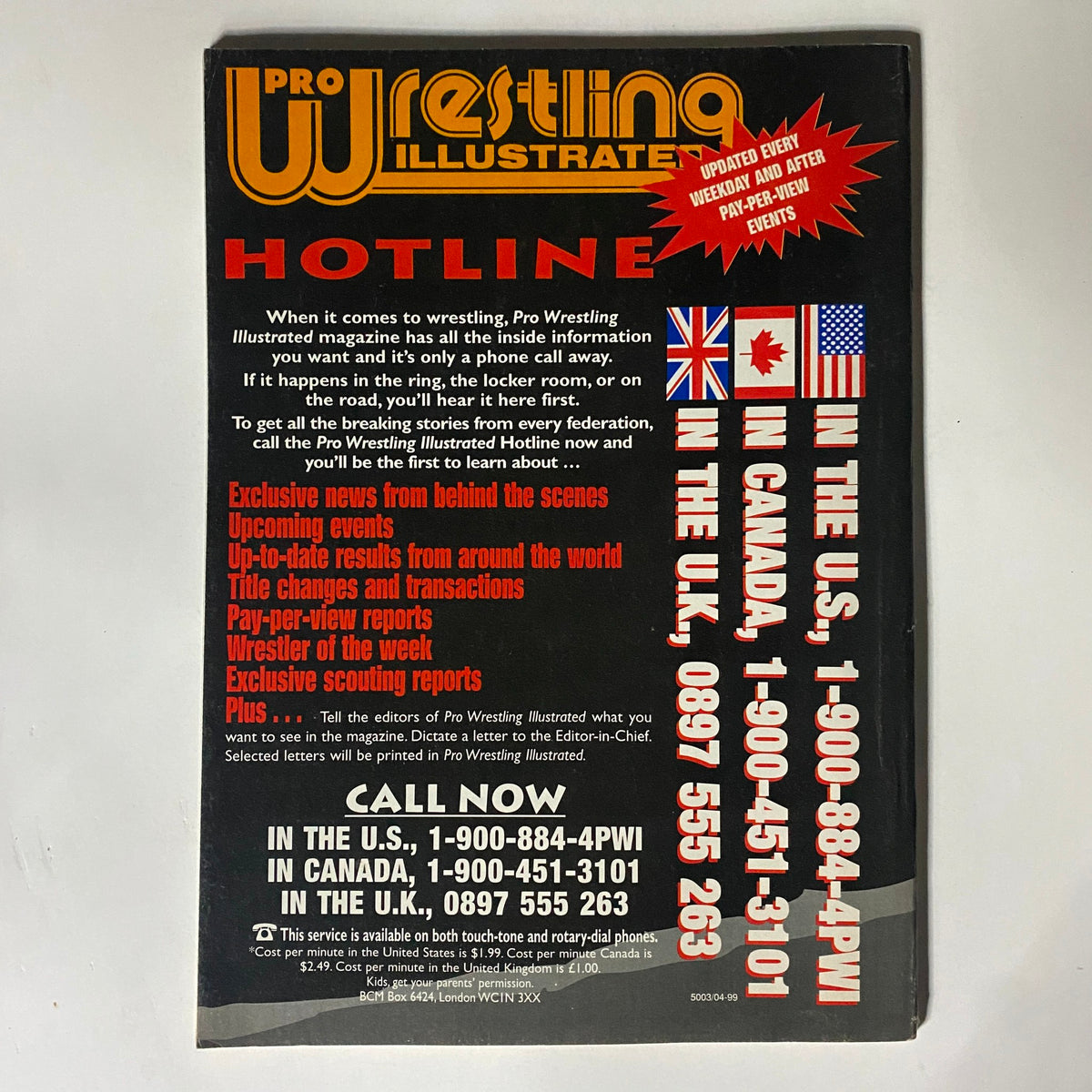 Back cover of Inside Wrestling Magazine Summer 2000 showcasing subscription hotline information and promotional details for Pro Wrestling Illustrated.