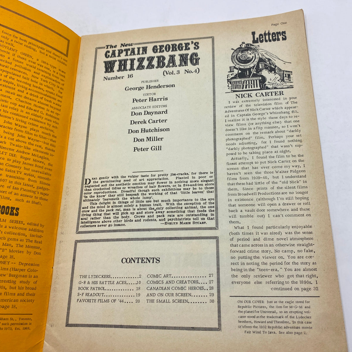 Inside spread of VTG Captain George's Whizzbang 1973 No. 16 showing editorial details and table of contents with nostalgic graphics.