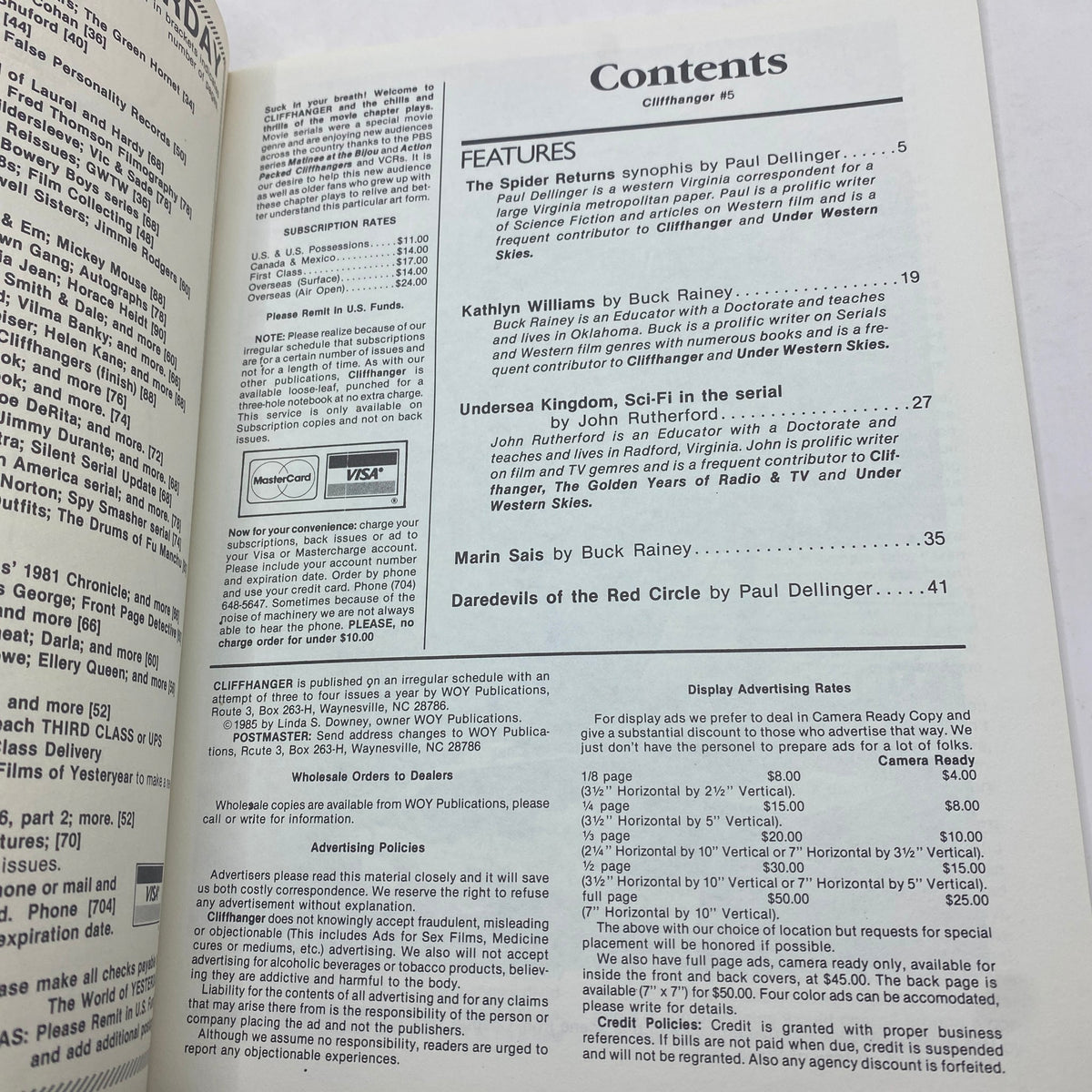 Interior page of VTG Cliffhanger Magazine No. 5 1985 featuring the table of contents, including features like 'The Spider Returns' and contributions by various authors. Ideal for vintage magazine collectors.