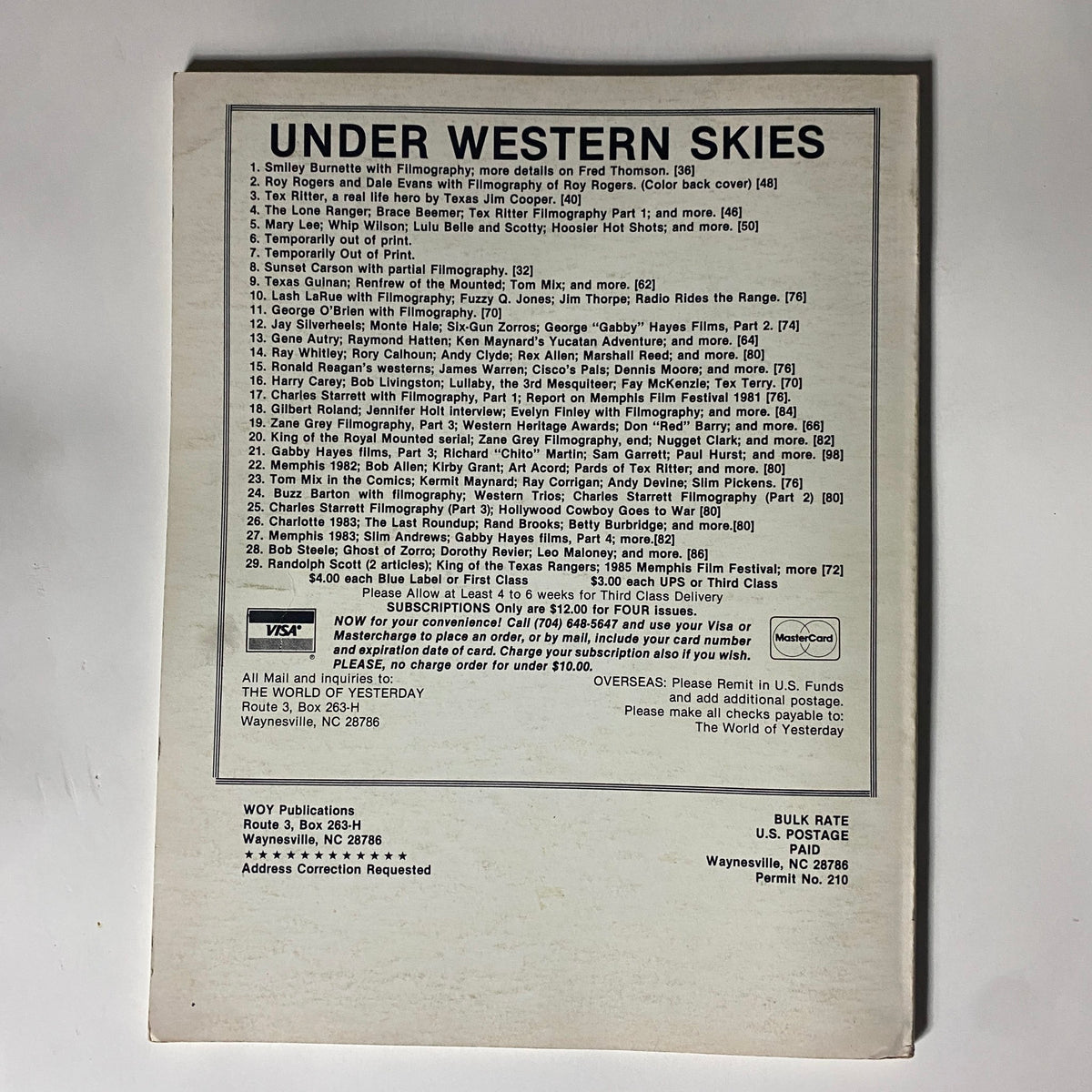 Back cover of VTG Cliffhanger Magazine No. 5 1985 showcasing listings and filmography details related to western films and contributors. A valuable artifact for enthusiasts of vintage comic history.