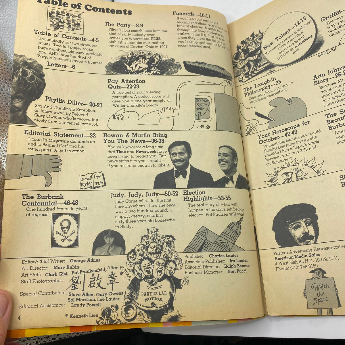 Inside page of VTG Laugh-In Magazine November 1968 showcasing the table of contents with features on Rowan & Martin and various comedic segments.
