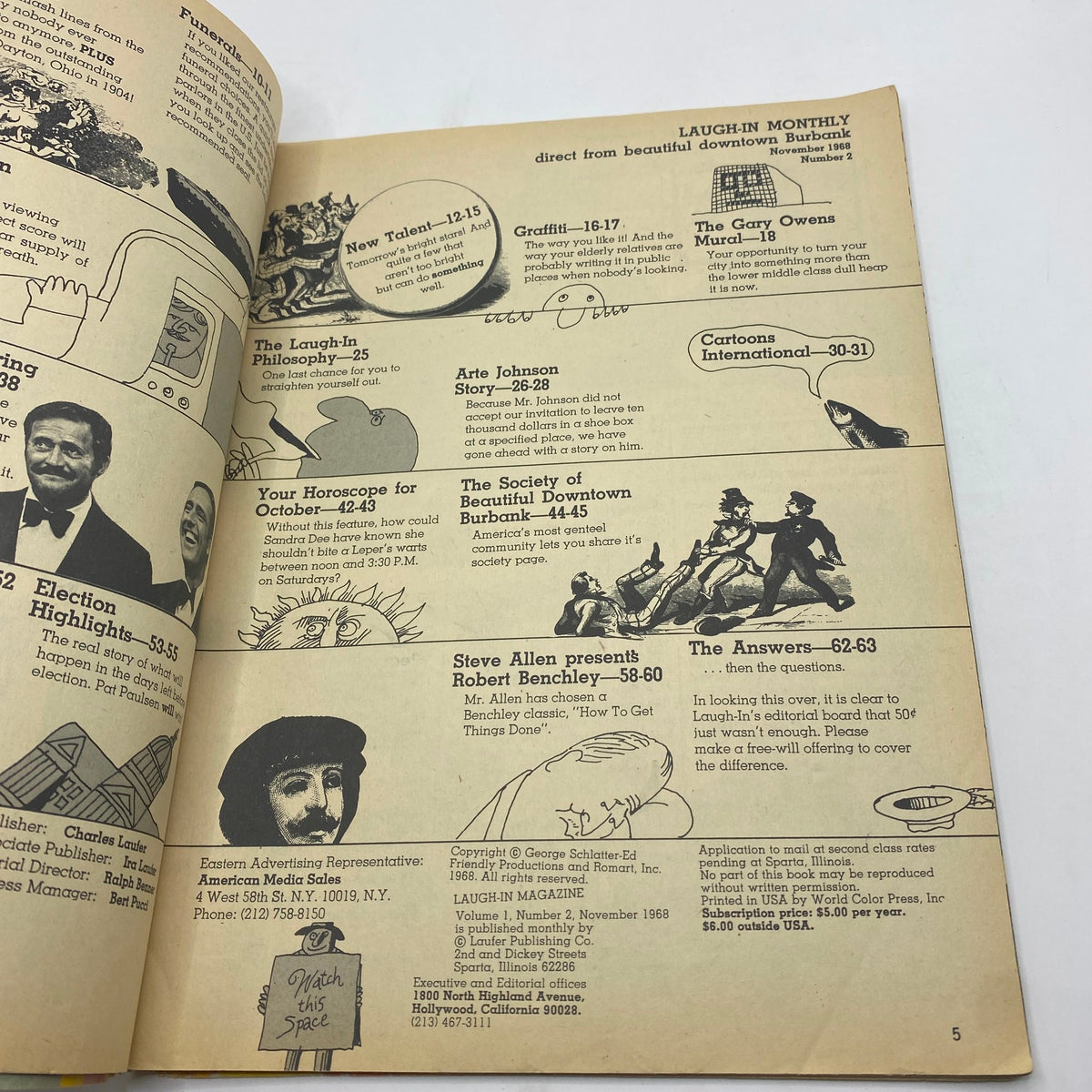 Another inside page of the VTG Laugh-In Magazine from November 1968 displaying content highlights including articles and sketches from the era's comedy scene.