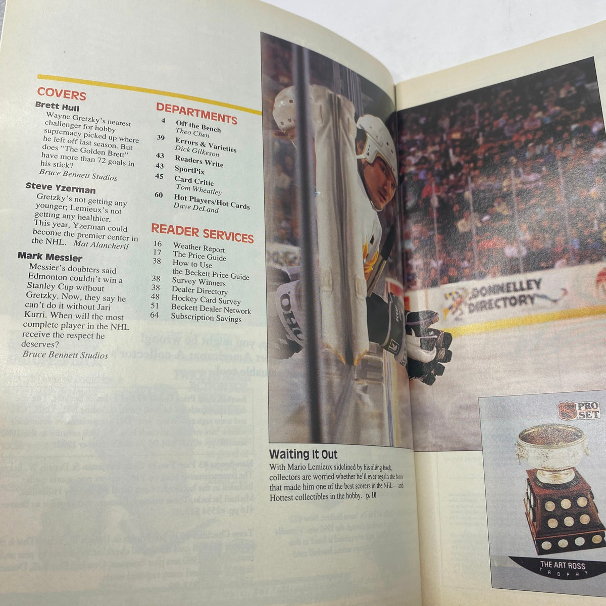 Interior page of Beckett Hockey Monthly Magazine December 1990 #2, showcasing an article about Brett Hull and other hockey legends like Steve Yzerman and Mark Messier.