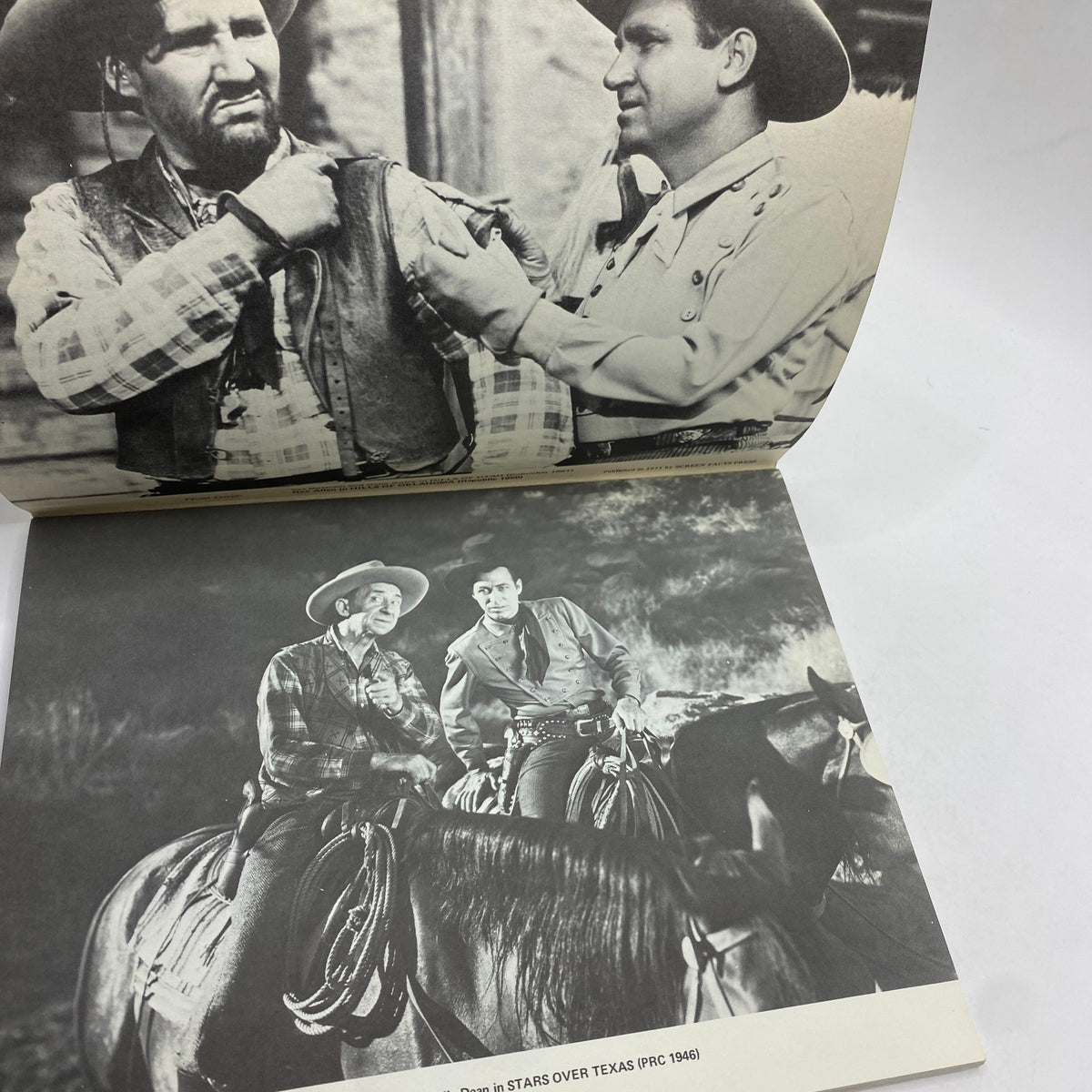 Vintage magazine spread featuring actors in Western attire showcasing classic B Western film scenes, part of the VTG Rex Allen Cover History of The B Western by Alan G. Barbour.
