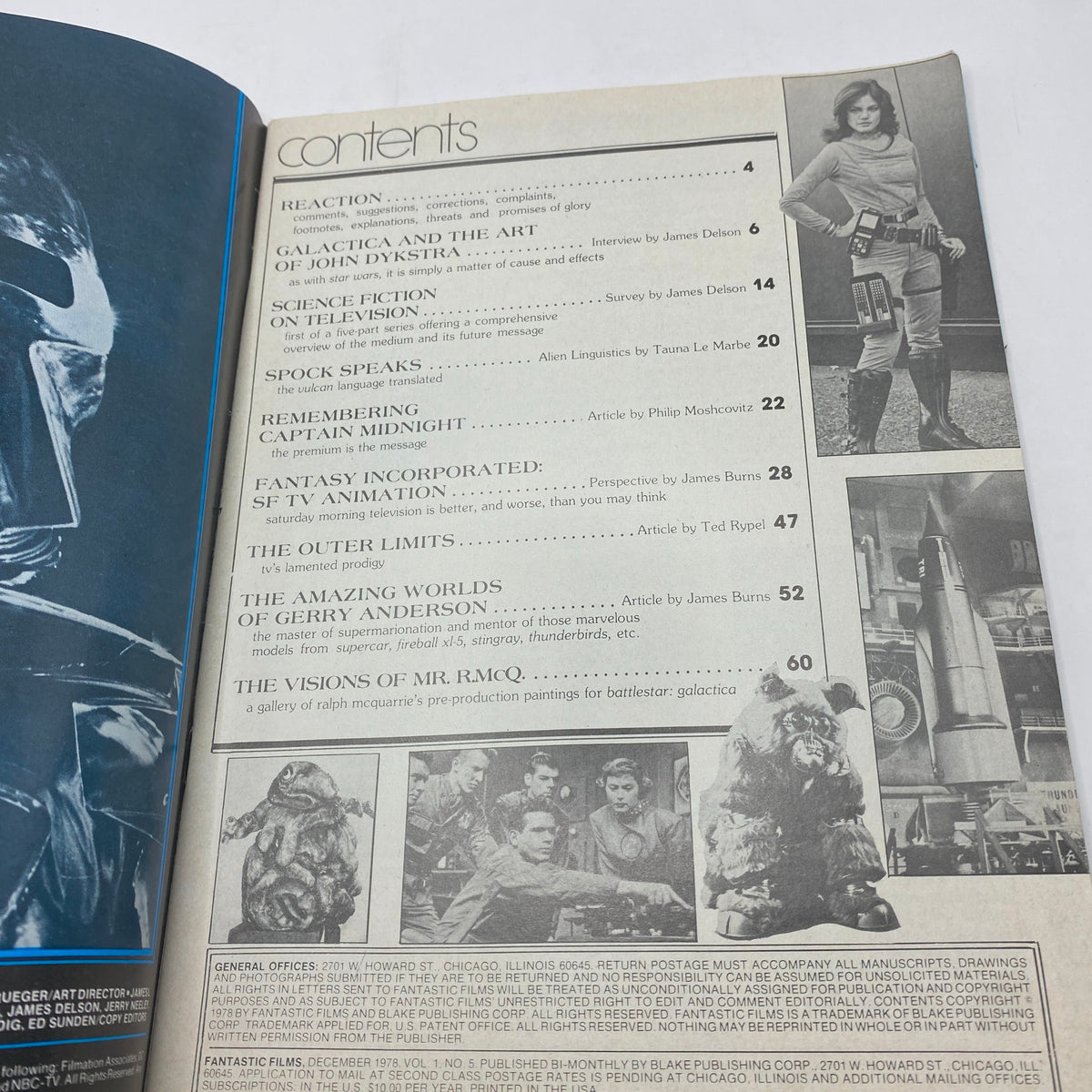 VTG Fantastic Films Magazine December 1978 Battlestar Galactica contents page showcasing articles, interviews, and insights into science fiction.