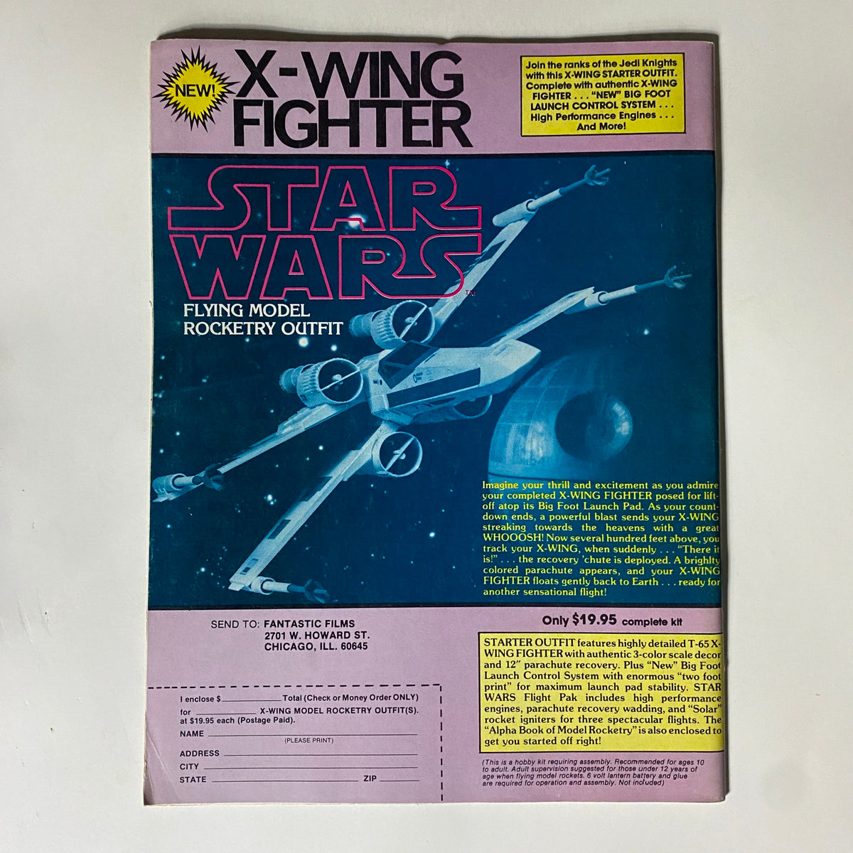 VTG Fantastic Films Magazine December 1978 Battlestar Galactica advertisement for Star Wars X-Wing Fighter model rocket kit, highlighting its features.