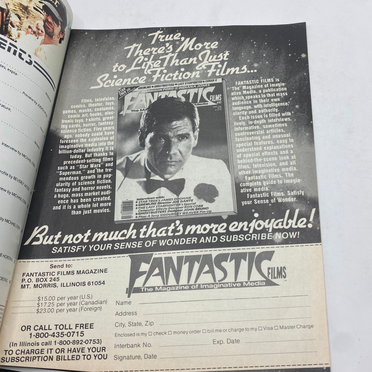 Vintage Fantastic Films Magazine September 1984 Harrison Ford Indiana Jones No Label