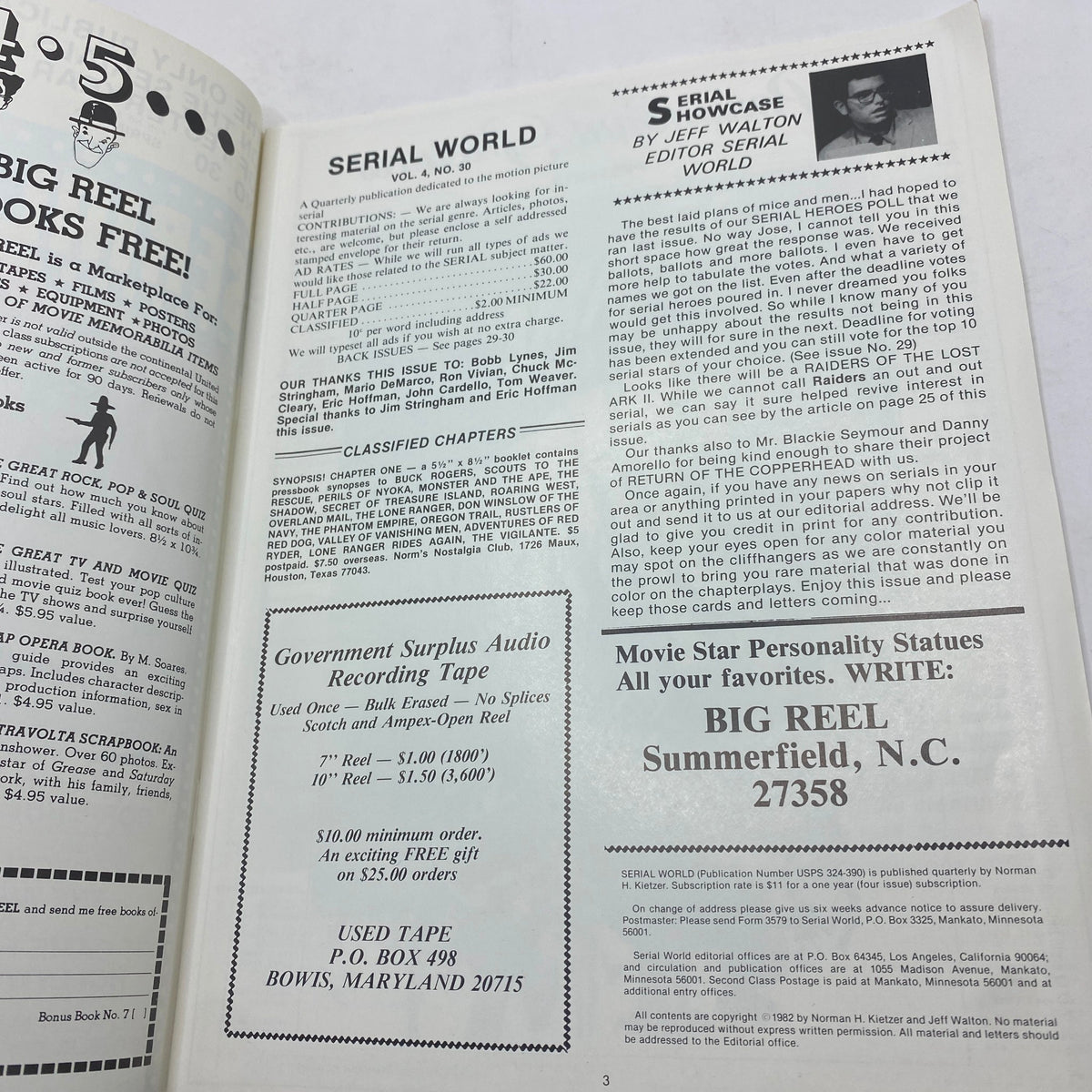 Inside page of Vintage Serial World Magazine Spring 1982 showcasing articles and advertisements related to film and serials, featuring the editorial section.