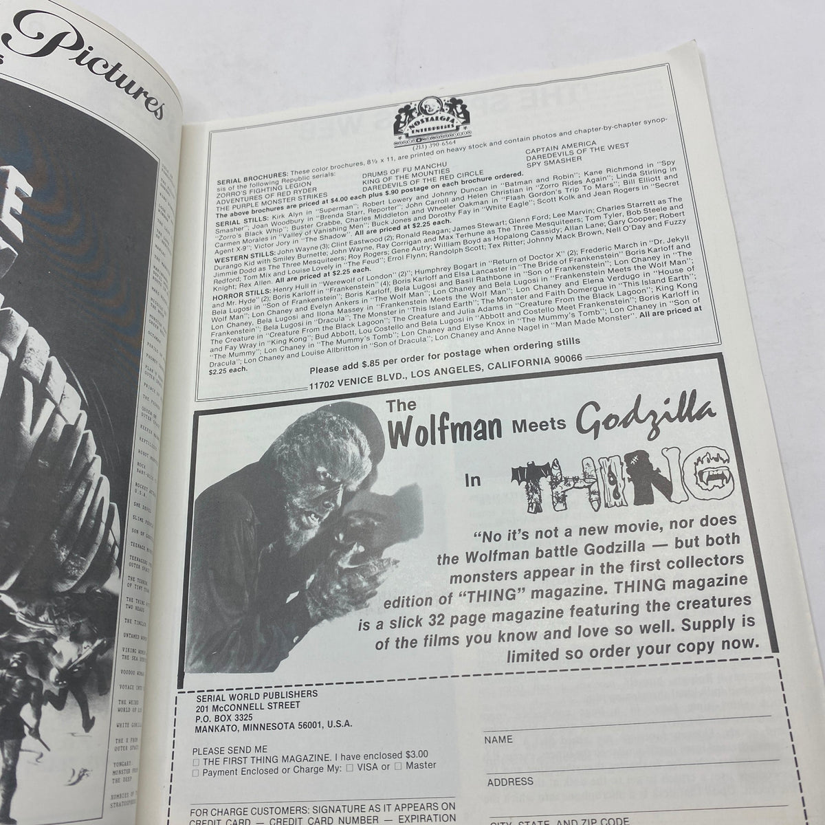 Another inside page of Vintage Serial World Magazine Spring 1982 displaying an advertisement for 'THING' magazine and other content related to classic films.