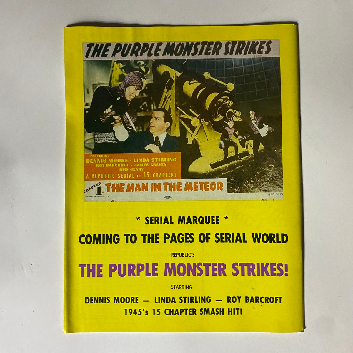 Promotional page from Vintage Serial World Magazine Spring 1982 highlighting 'The Purple Monster Strikes', featuring key cast members and a related story synopsis.