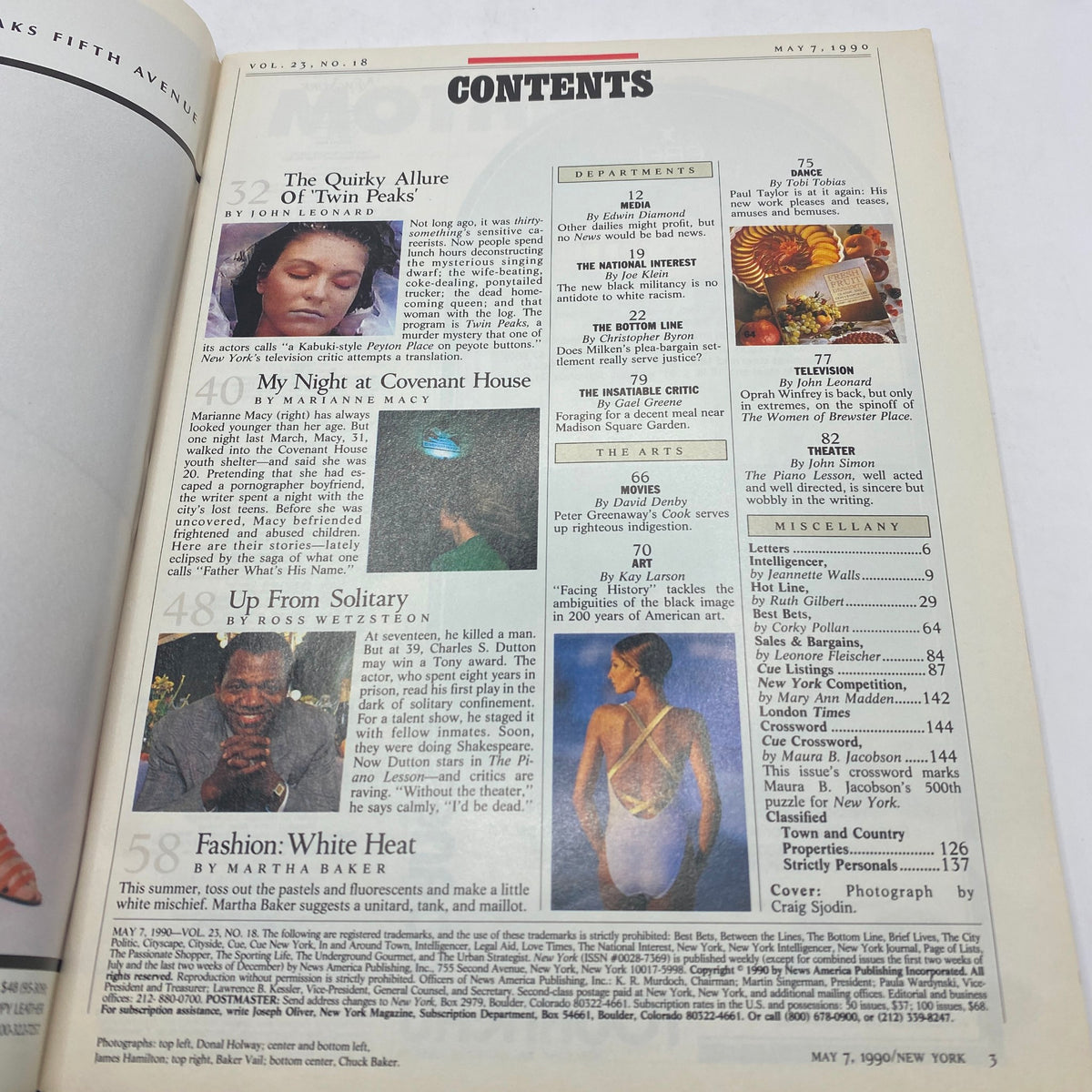 Contents page of New York Magazine dated May 7, 1990, highlighting articles including 'The Quirky Allure of Twin Peaks' and other features relevant to the era.