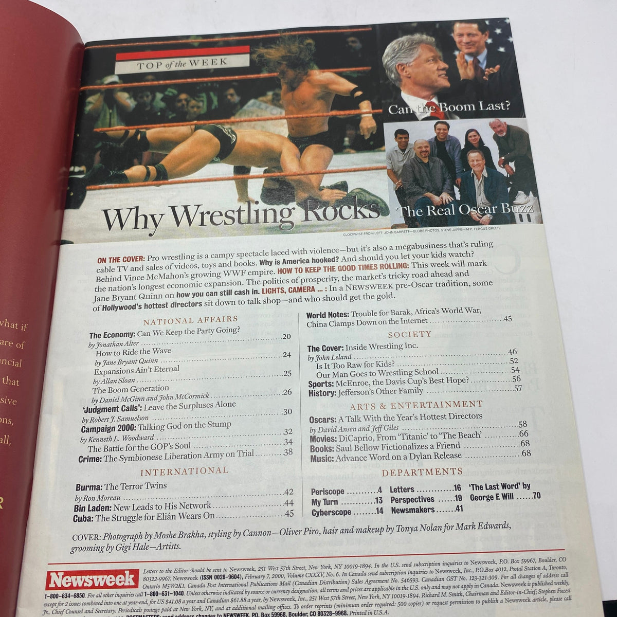Inside page of Newsweek Magazine February 7, 2000, featuring an article titled 'Why Wrestling Rocks.' This page includes insights into the wrestling industry and covers significant events from that era.