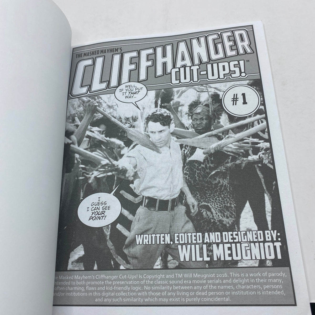 Inside page of The Masked Mayhem's Cliffhanger Cut-Ups November 2017 #1 showcasing black and white illustrations with a humorous dialogue bubble.