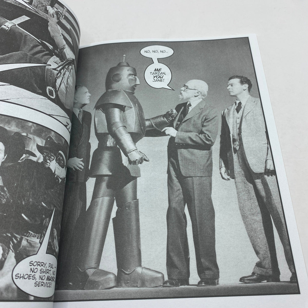 Another inside page of The Masked Mayhem's Cliffhanger Cut-Ups November 2017 #1 depicting a robot and characters in a vintage comic setting.