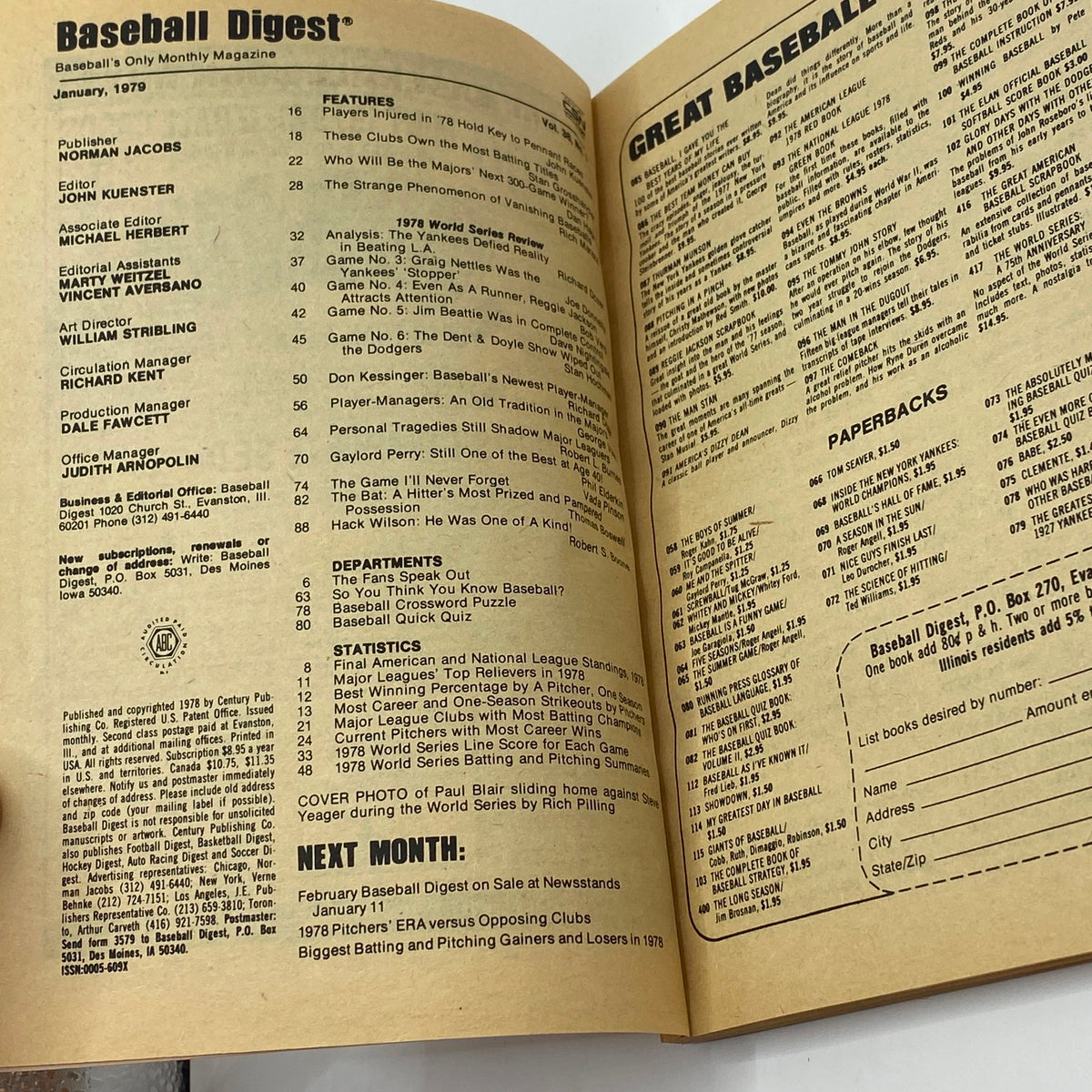Inside pages of VTG Baseball Digest Magazine January 1979 displaying contents and features, highlighting key baseball statistics and articles.