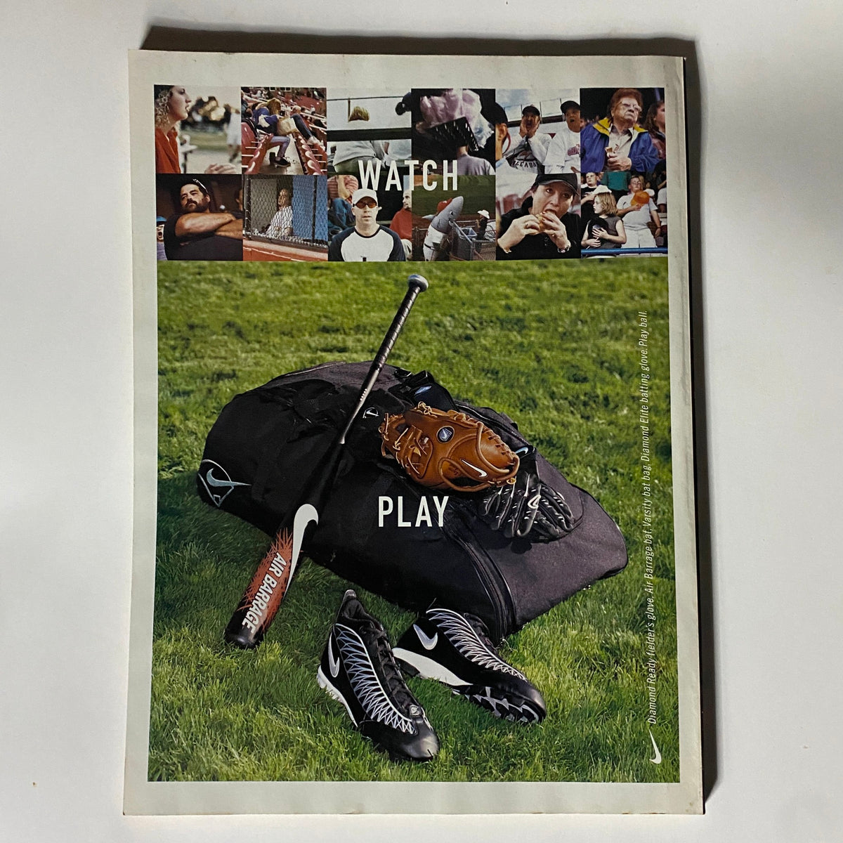 Advertisement page from Street & Smith's Baseball Magazine 2001 showing Nike baseball gear including a bat, glove, and shoes, promoting the essence of the game.