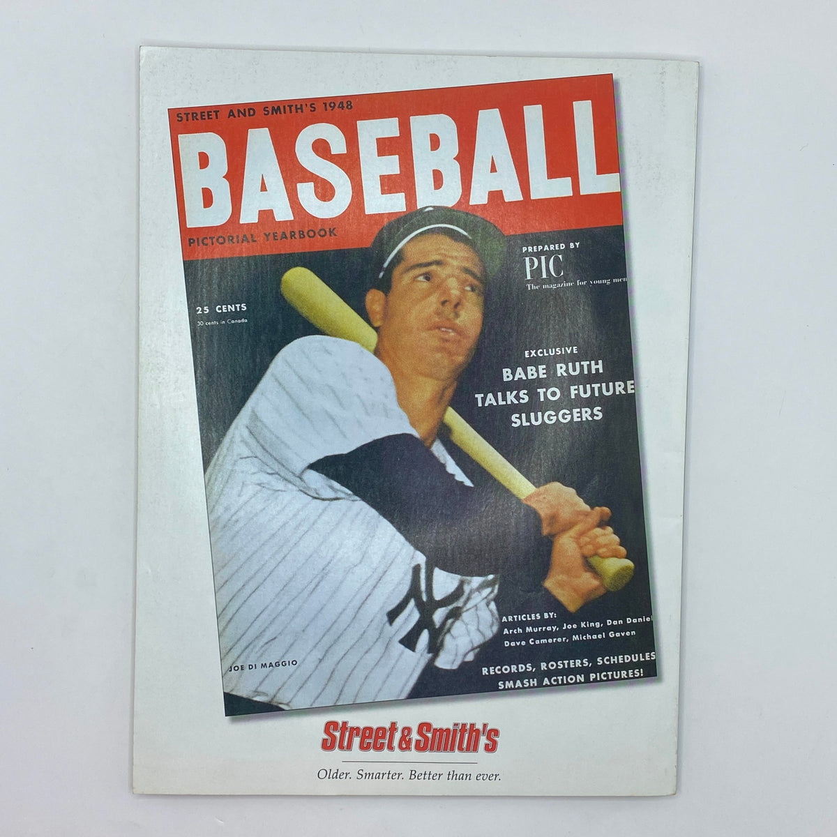 Vintage Street & Smith's Baseball Magazine cover from 1948, featuring Joe DiMaggio and promotional text about Babe Ruth, showcasing the publication's rich history in baseball.