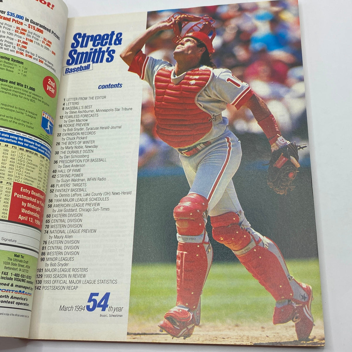 Inside page of Street & Smith's Baseball Magazine 1994, displaying contents list and an action shot of a catcher, highlighting the sports journalism of the era.