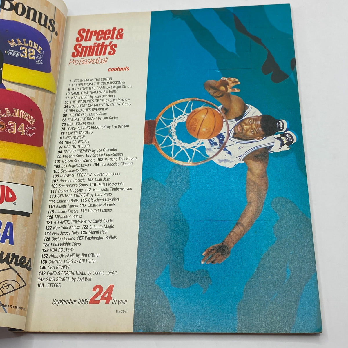 Inside contents page of Street & Smith's Pro Basketball Magazine from the 1993-1994 season showcasing the table of contents and an image of a player shooting a basketball.