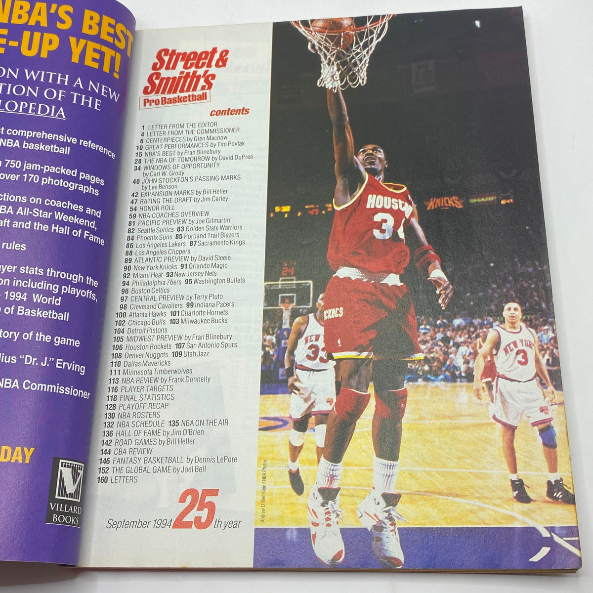 Interior page from Street & Smith's Pro Basketball Magazine 1994-1995, displaying contents and an image of a player dunking in a Houston Rockets jersey.