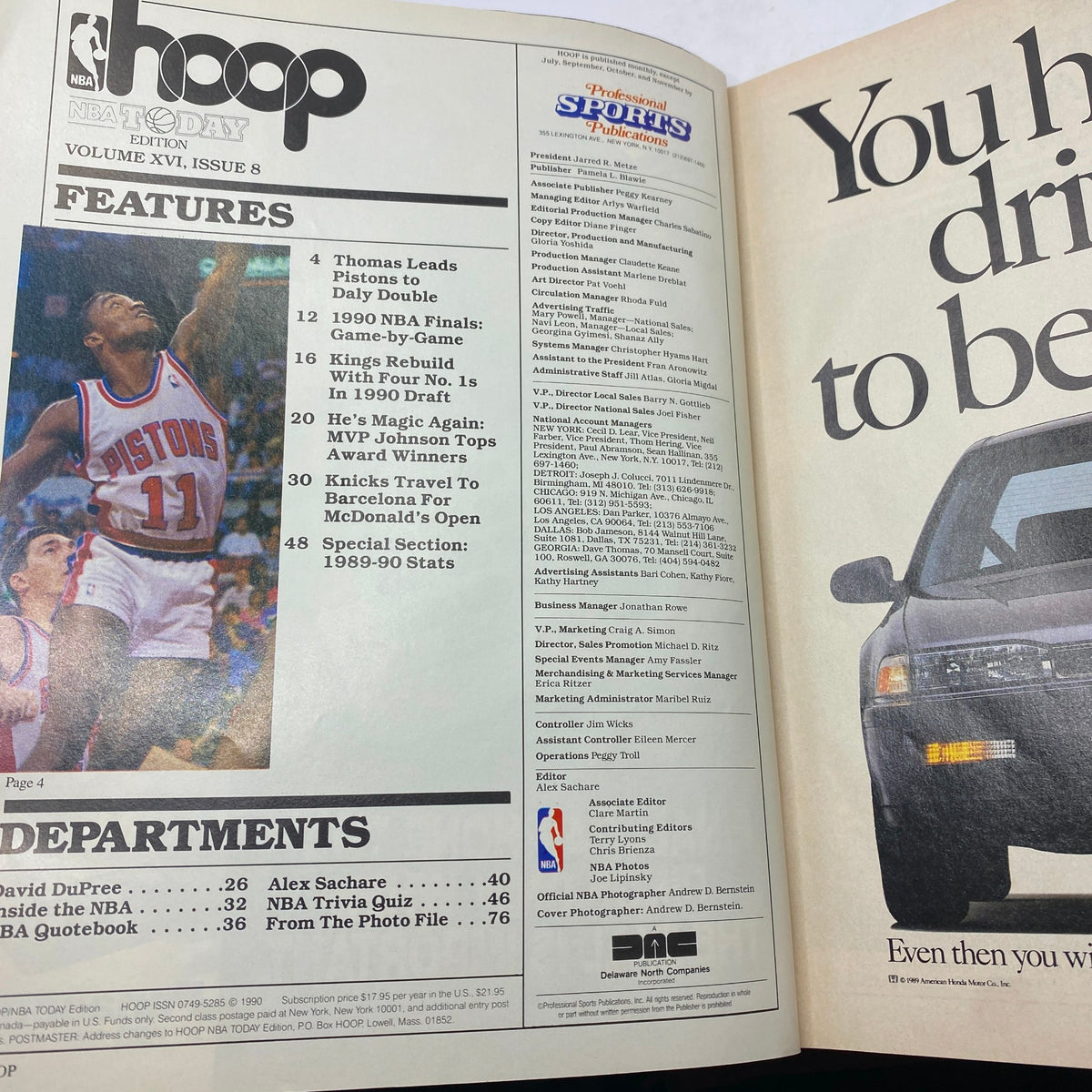 Inside page of NBA Hoop Magazine Summer 1990, detailing features including articles on Isiah Thomas, 1990 NBA Finals, and player statistics, reflecting the exciting basketball culture of the era.