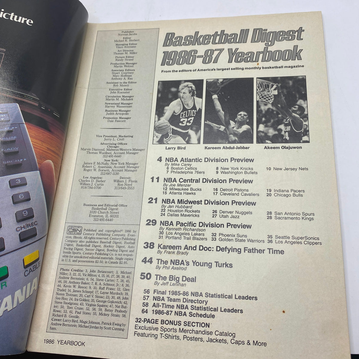 Basketball Digest 1986-87 Yearbook featuring Larry Bird, Kareem Abdul-Jabbar, and Akeem Olajuwon. The image shows the inside page layout, highlighting the magazine's editorial team and season previews.