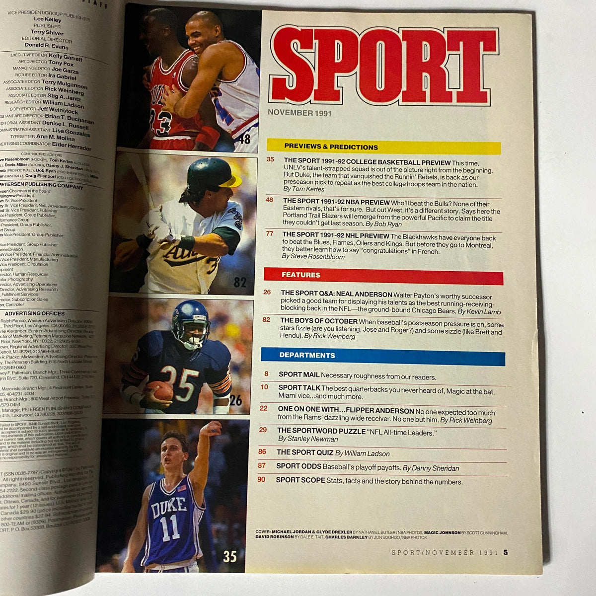 Interior page of Sport Magazine November 1991 displaying sections and articles focused on NBA previews and predictions featuring Michael Jordan and Charles Barkley, documenting the era's sports highlights.