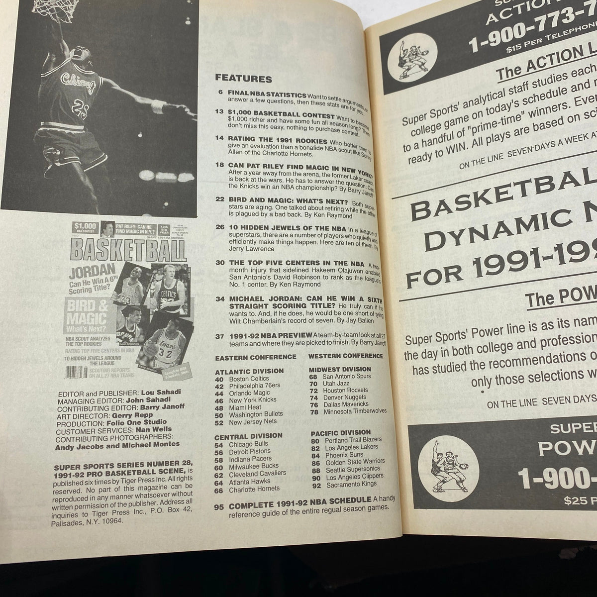 Inside page of Pro Basketball Scene Magazine 1991-1992 displaying features such as player statistics and highlights from the season, essential for basketball enthusiasts.
