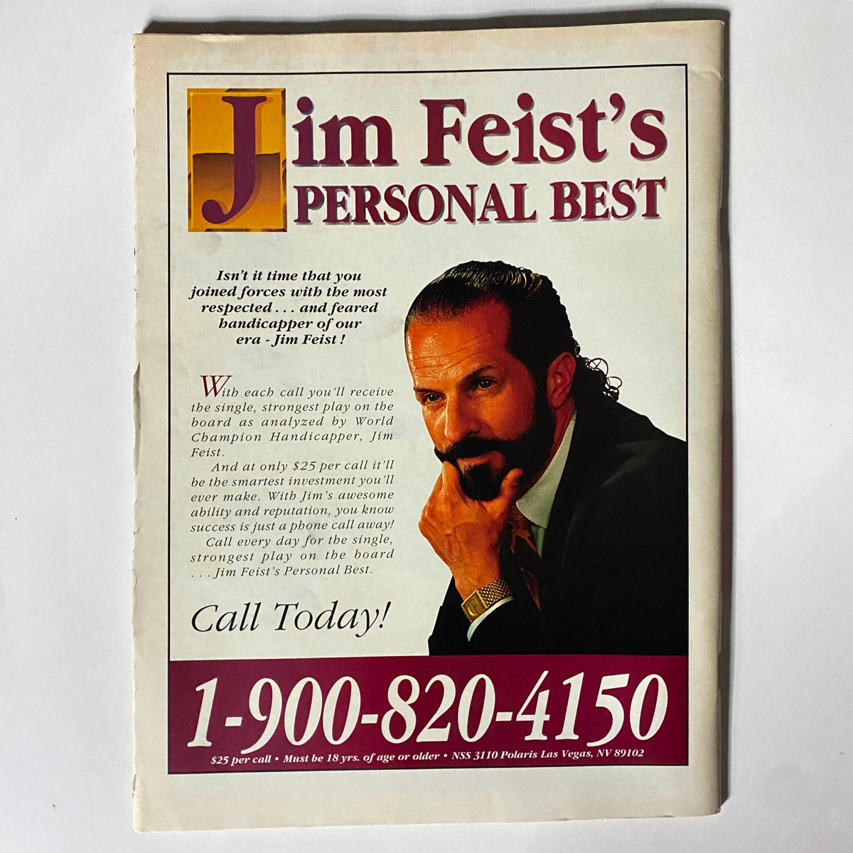 Back cover of Pro Basketball Scene Magazine 1991-1992 advertising Jim Feist's personal betting service, showcasing vintage marketing from the era.