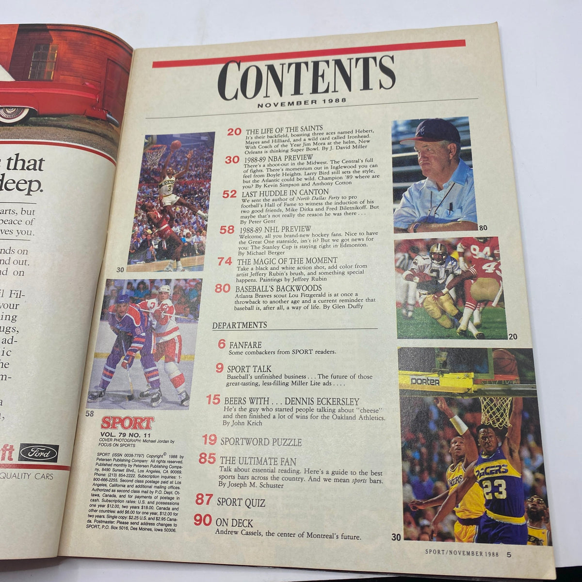 Table of contents page from VTG Sport Magazine November 1988, highlighting various sports articles and features including NBA preview.