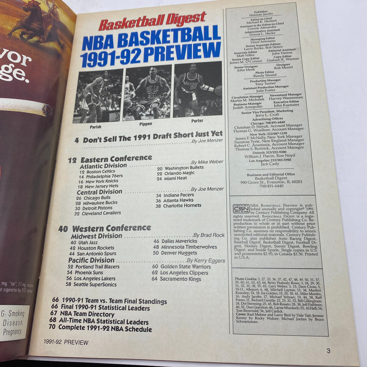 Interior page of Basketball Digest Magazine 1991-1992 NBA Basketball Preview showcasing team standings and expert predictions, highlighting the Eastern and Western Conferences.