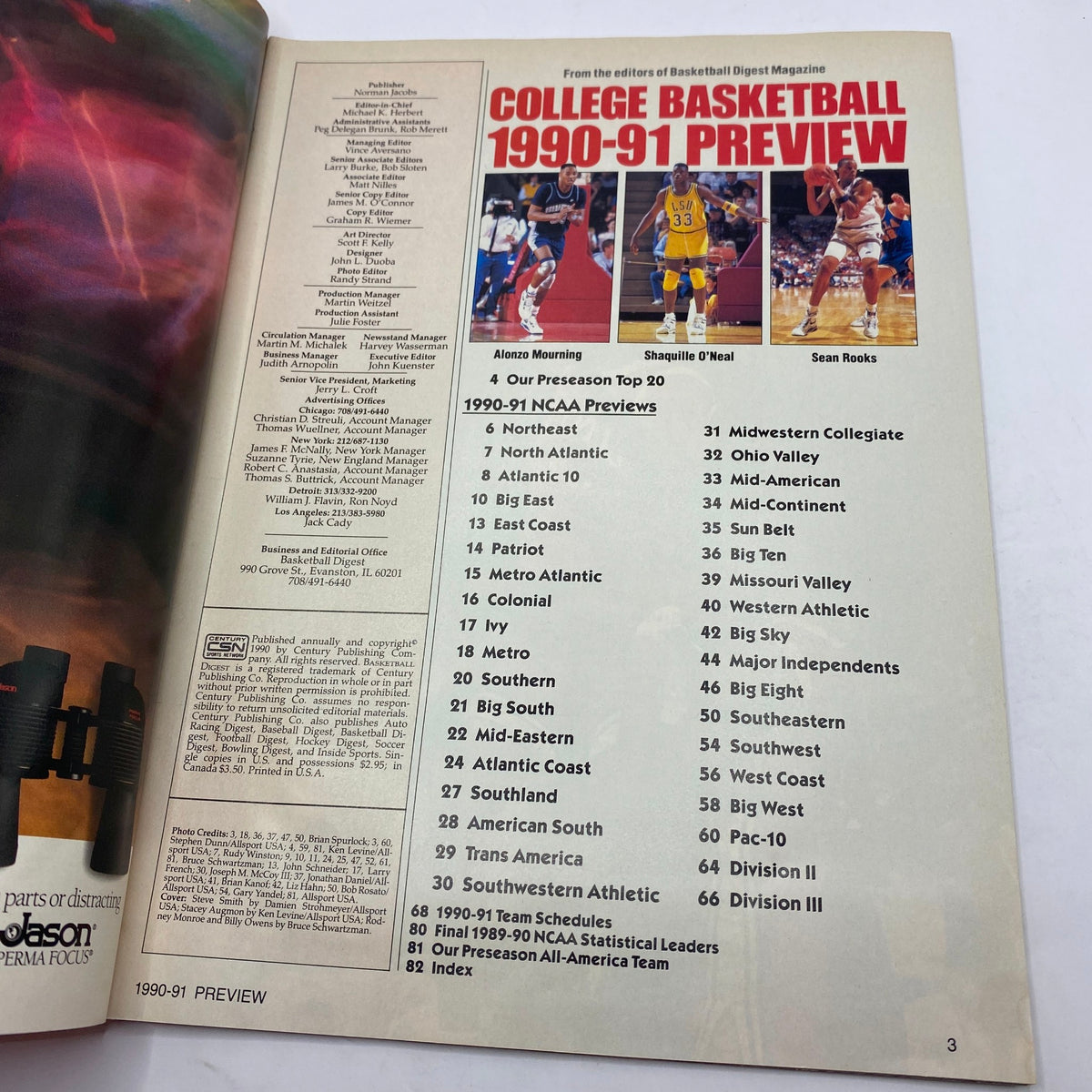 Inside page of Basketball Digest Magazine 1990-91 College Basketball Preview listing top NCAA teams and notable players like Alonzo Mourning and Shaquille O'Neal, offering insights into college basketball.