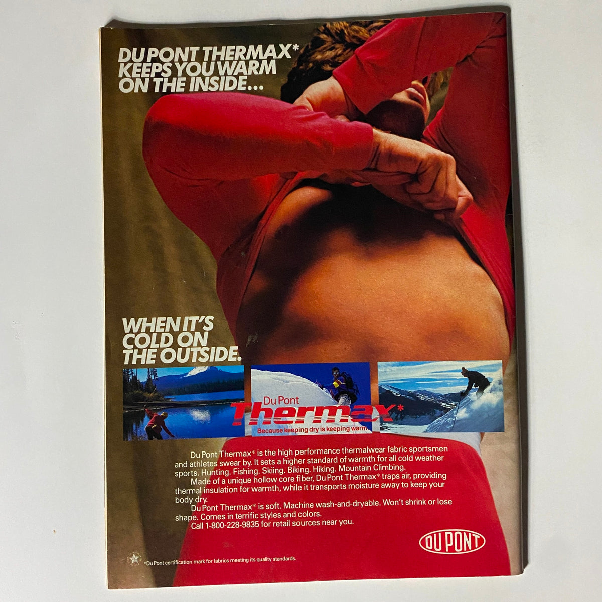 Advertisement for Du Pont Thermax fabric in vintage style, emphasizing warmth and moisture management for athletes, featured in a retro magazine.
