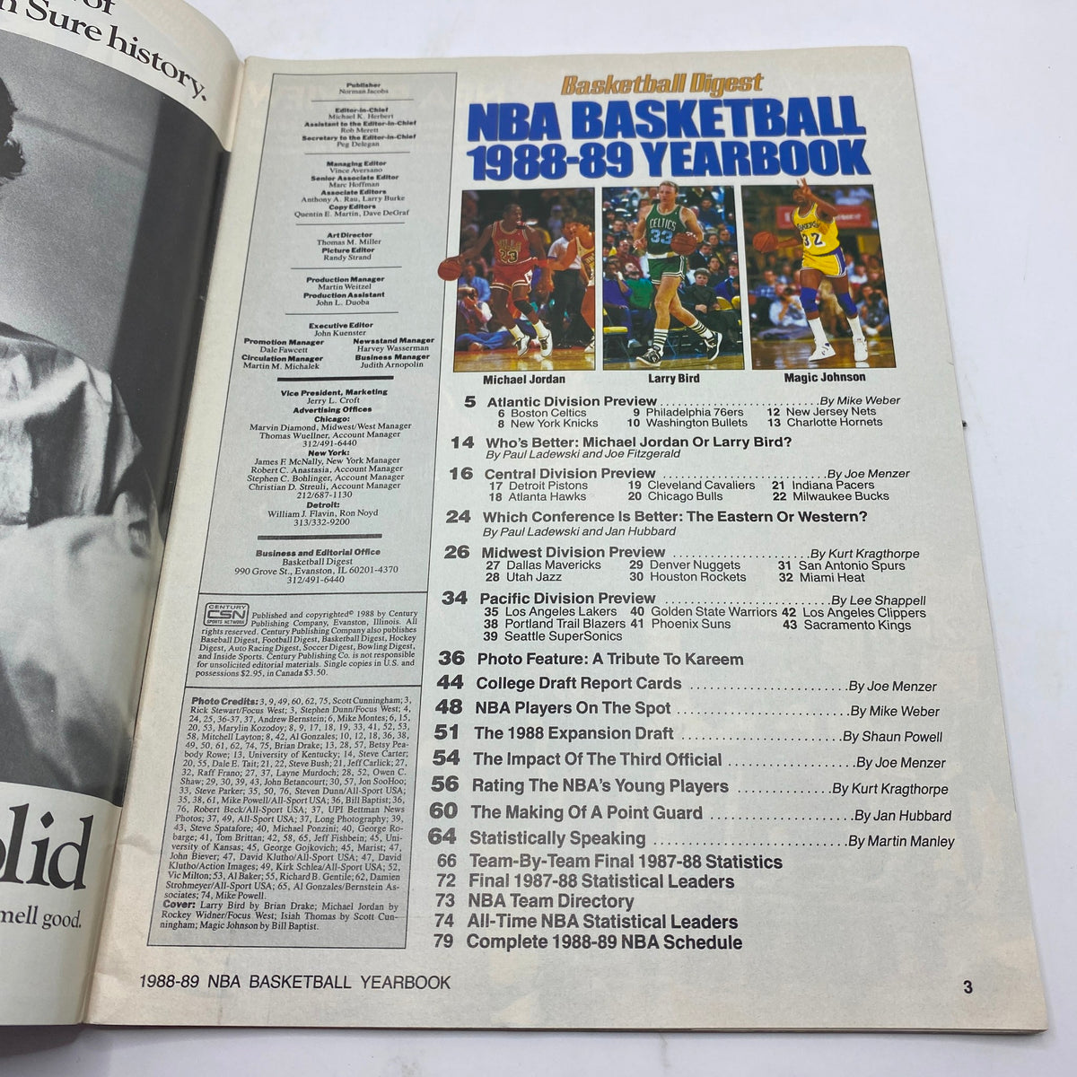 Inside page of Basketball Digest Magazine 1988-1989, featuring articles related to NBA stars Michael Jordan, Larry Bird, and Magic Johnson along with a table of contents and previews of the season.