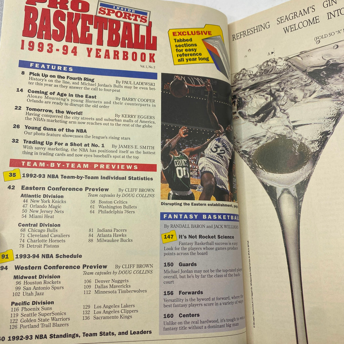 Interior page of Inside Sports Pro Basketball 1993-1994 Yearbook showcasing features and articles on team previews and player statistics, with visuals of basketball action.