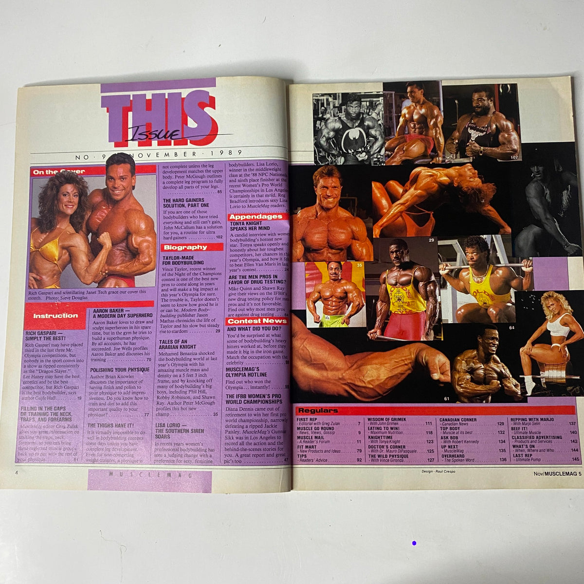 Inside page of MuscleMag International Magazine November 1989 showcasing articles, athlete bios, and features related to bodybuilding, including Rich Gaspari and Janet Tech.