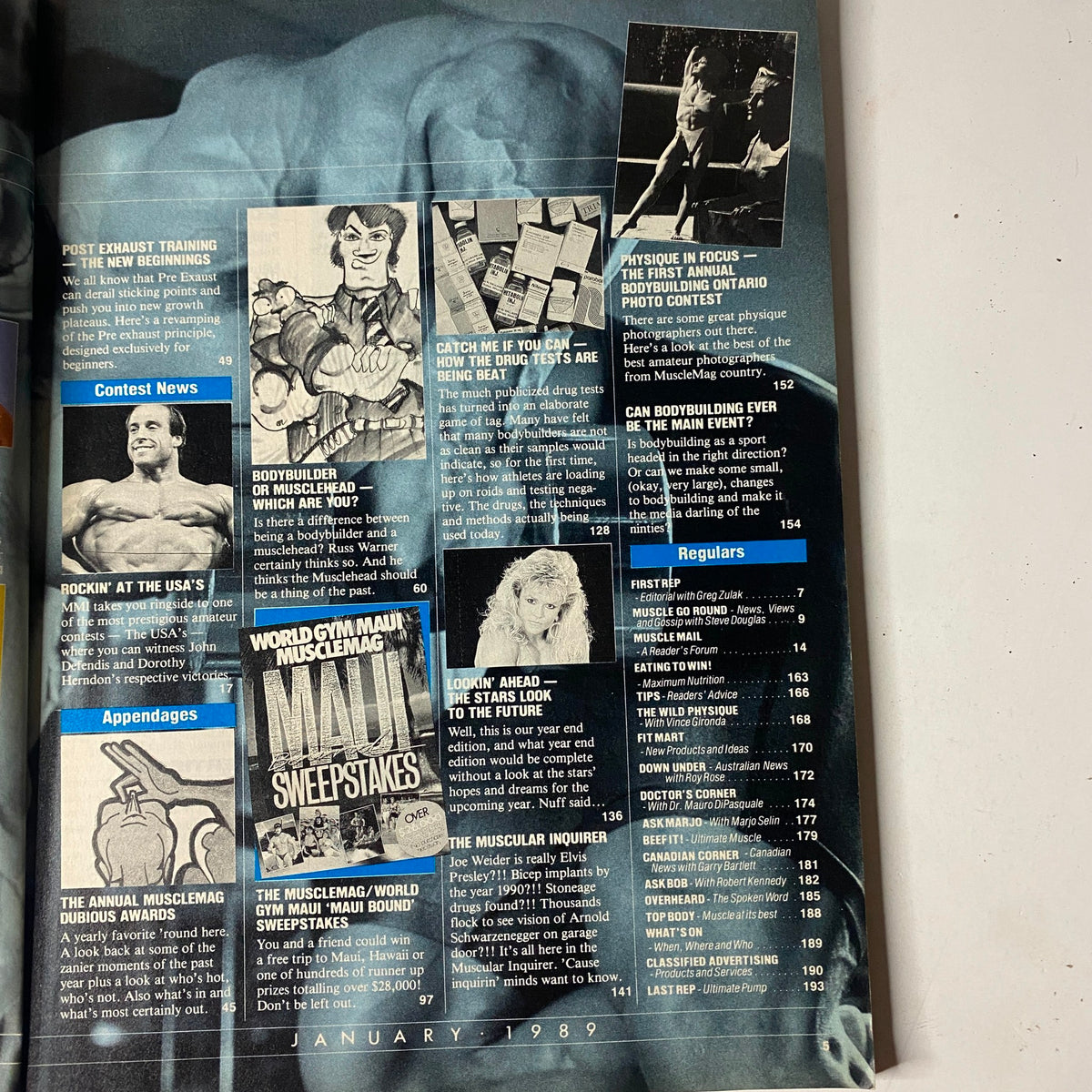 Another interior page of MuscleMag International Magazine December 1988 highlighting contest news and regular features about bodybuilding.